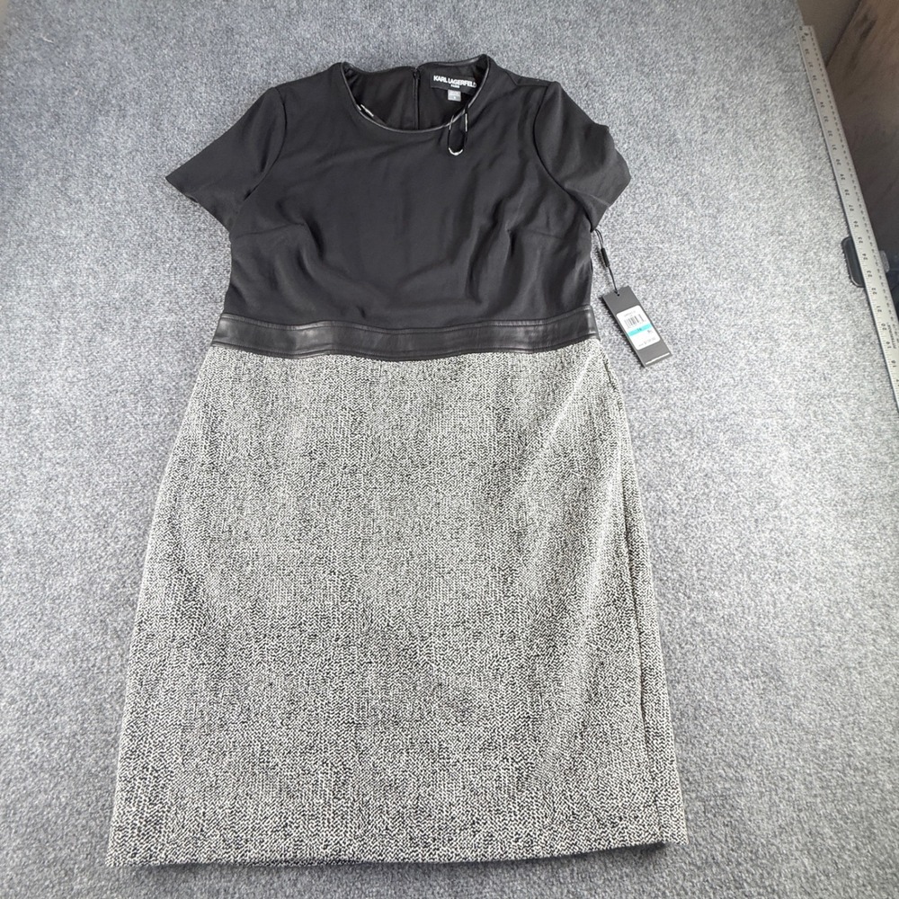 Karl Lagerfeld Paris Mixed Media Tweed Sheath Dress Black Grey G9FDW210 Size 16